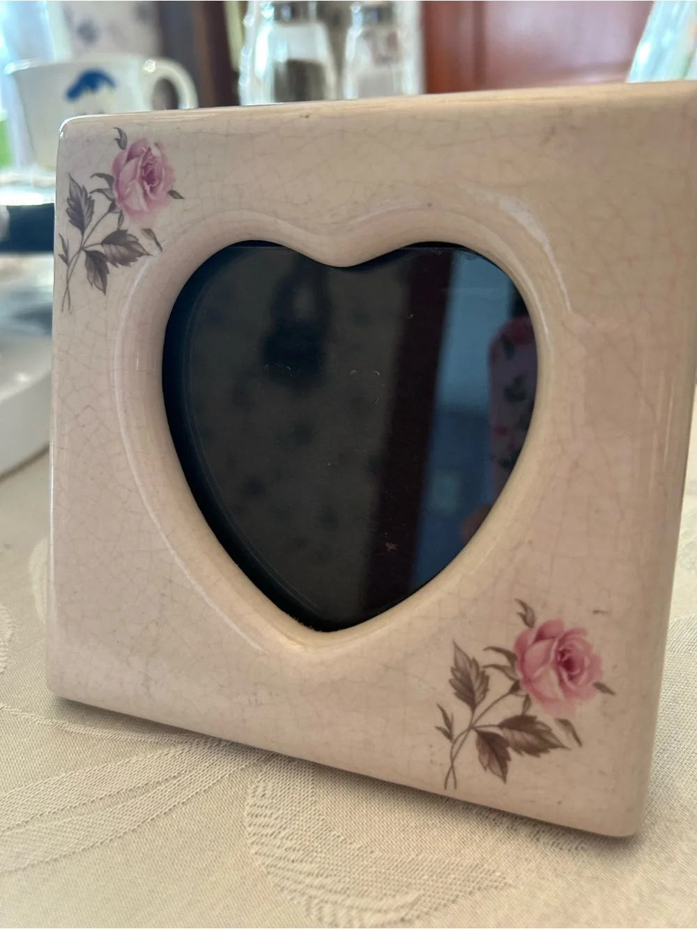 Vintage white pink ceramic rose heart shaped picture frame coquette